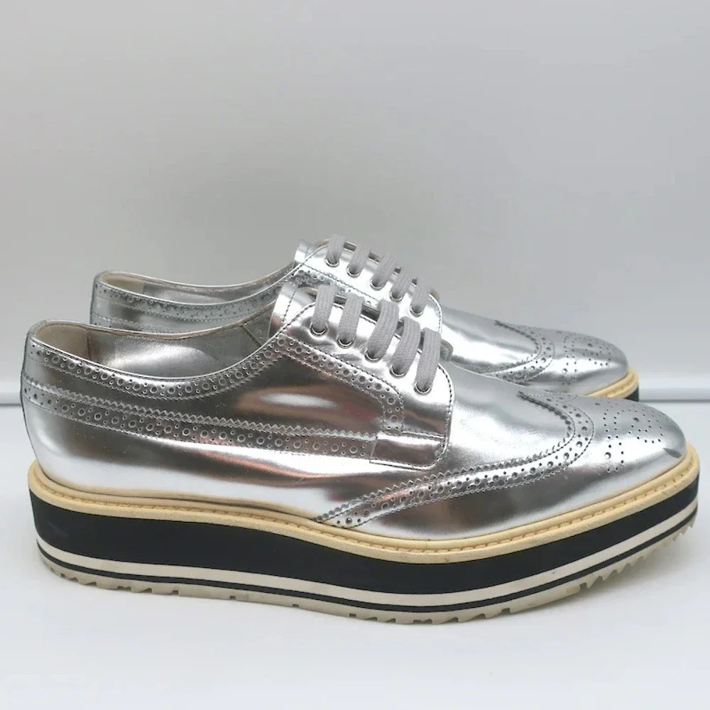Prada Platform Wingtip Brogues Silver Metallic Leather Size 41 - Picture 3 of 12